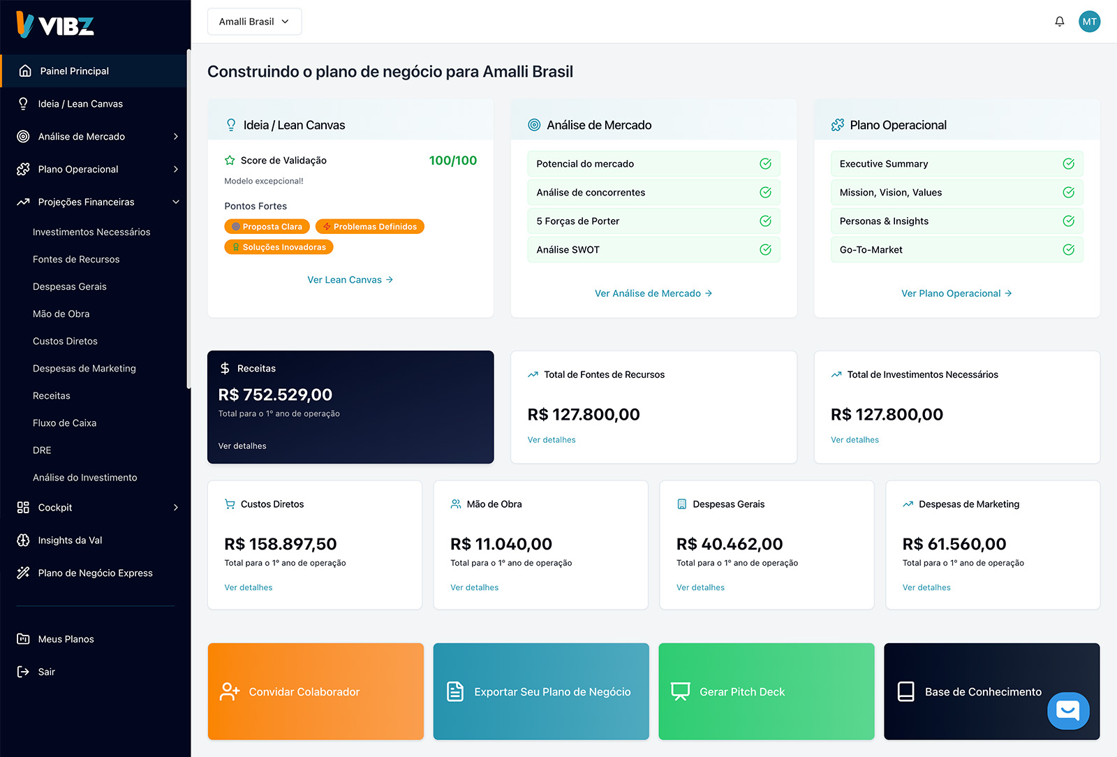Vibz platform dashboard showing a business plan being built